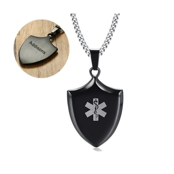 Addisons Stainless Steel ICE SOS Personalized Medical Alert ID Shield Tag Pendant Necklace Monitoring Emergency for Friend Grandpa Dad Husband Son,Addisons