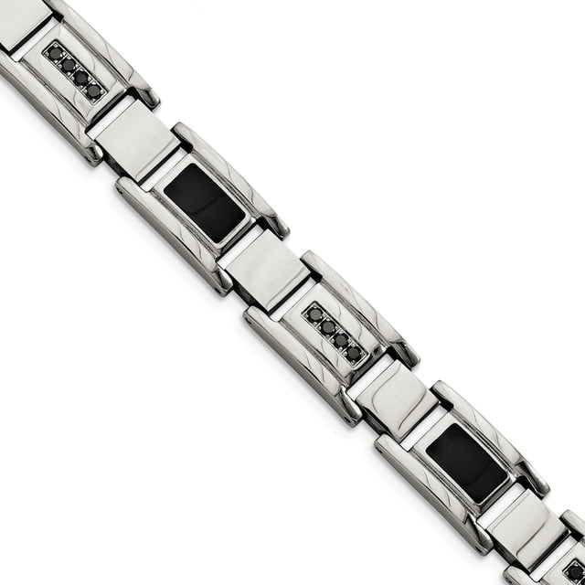 Acier Inoxydable Émail Noir & Bracelet Diamants Noirs 8,5 Pouces