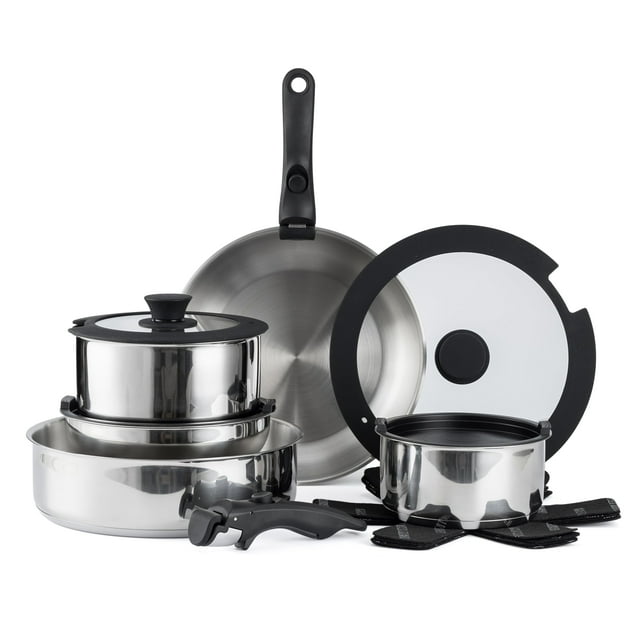 Juego de utensilios de cocina Country Kitchen con mango extraíble, juego de ollas y sartenes aptos para horno y vehículos recreativos, acero inoxidable, original