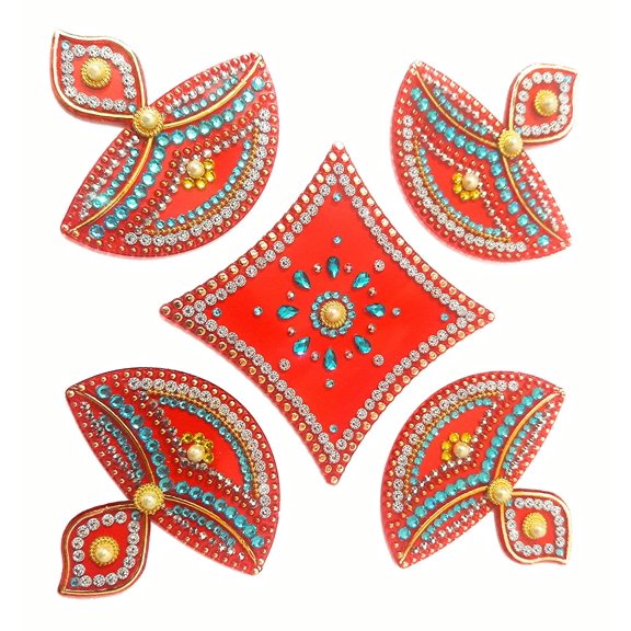 FineArt Handcrafted Decorative Diwali Rangoli Set Multicolor Jewel Stone/Kundan Decorations on Red Acrylic Base 5 Piece Set - for Home Dcor