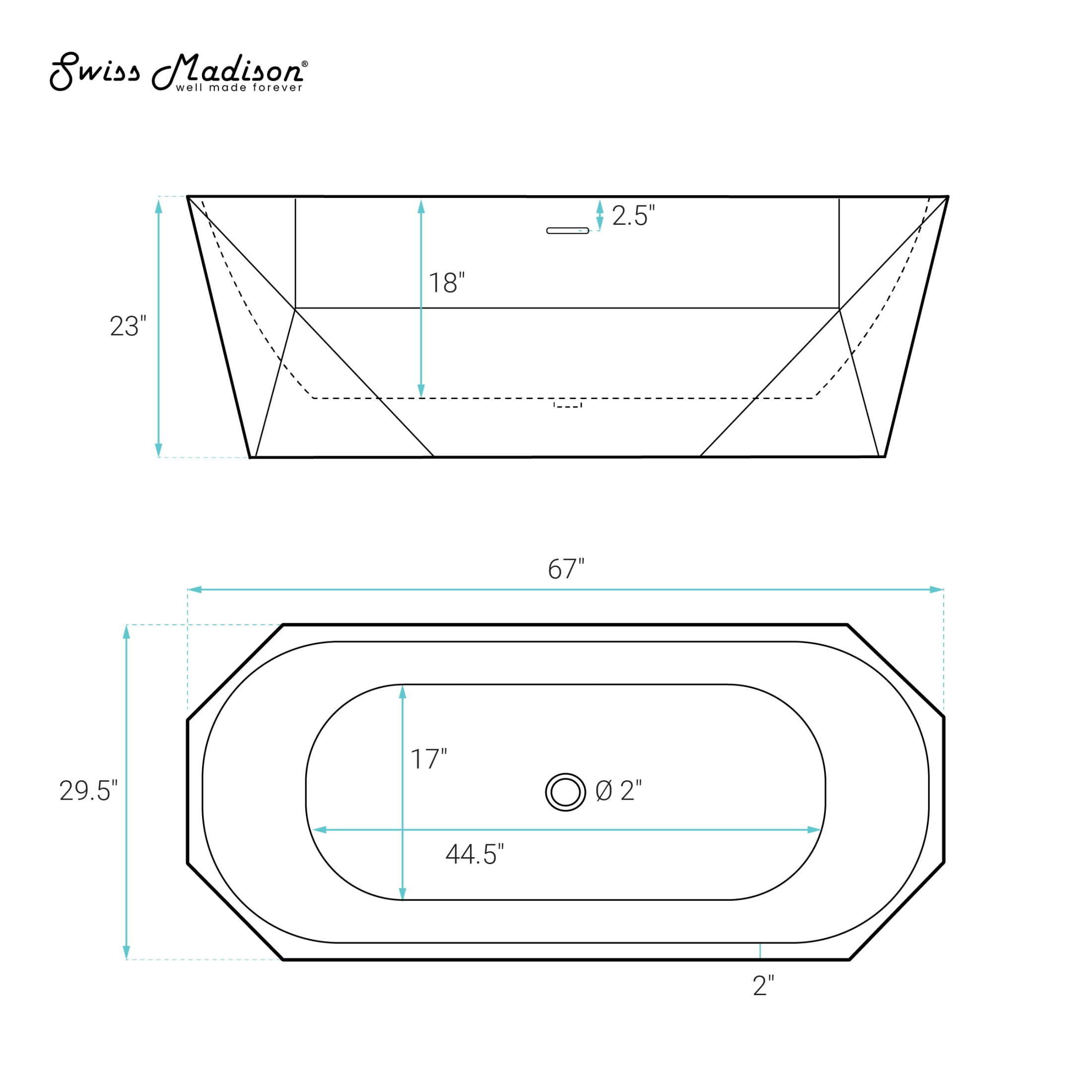 Brusque 67" Diamond Shaped Soaking Freestanding Bathtub in Glossy White, Drain Included