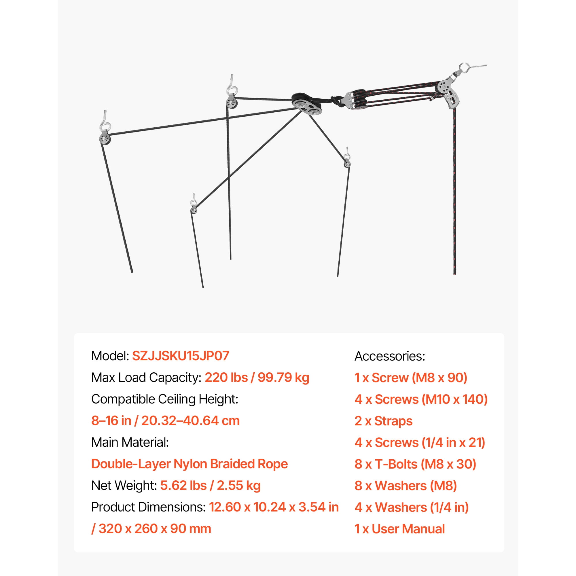 KFFKFF Hard Top Removal Lift, 220 lbs Capacity, Roof Hoist with Safety System, Simple One-Person Use, Fits 8-16 in Ceilings, Compatible with 2-Door & 4-Door Jeep Wrangler JK JL & Ford Models