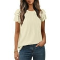 thumbnail image 2 of Beige Boat Neck Faux Linen Tshirts for Women Fall Summer Ruffle Short Sleeve Loose Fit Casual Pleated Plain Tops Shirts Womens 2025 Clothing Fashion XL, 2 of 8