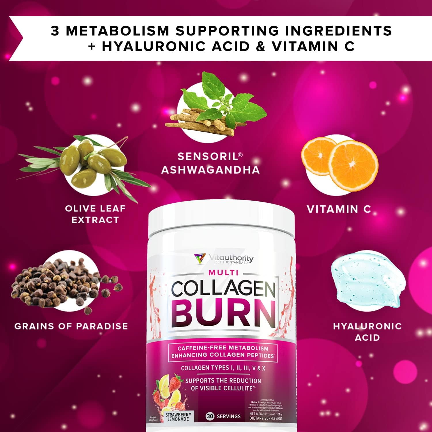 Vitauthority Multi Collagen Peptides Hydrolyzed Collagen Burn Powder, Strawberry Lemonade, 11.4 oz