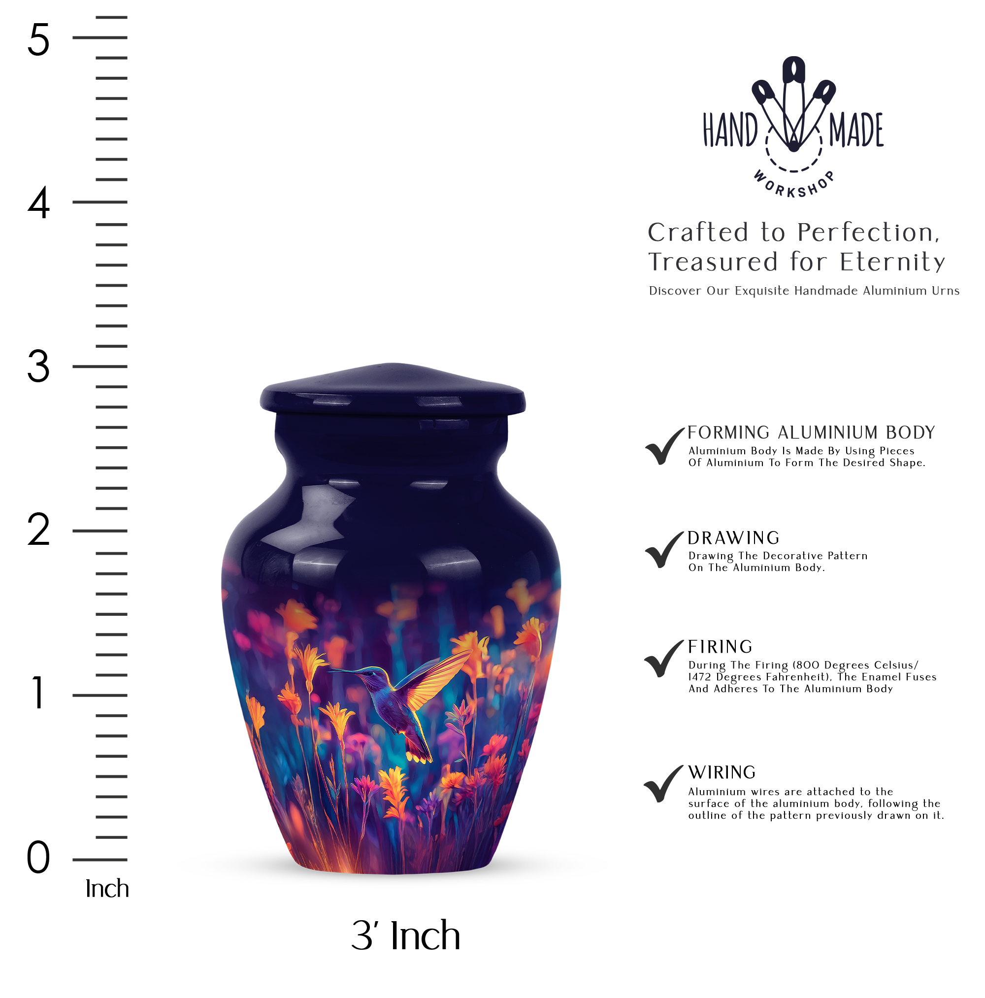 MUKTIVE Hummingbird Urns for Human Ashes for Men & Women 3 Inch - Yellow Flowers keepsake Urn for Ashes Adult Male - Cremation Urns for Burial, Funeral & Memorial - Dark Blue Samll Urn for Dad & Mom