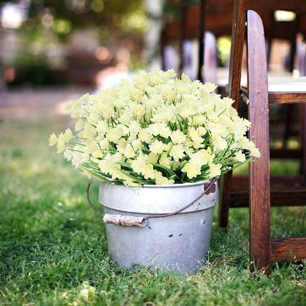 Artificial Daffodils Fake Large Flowers, 4 Bundles White UV Resistant Faux Greenery Foliage Plants Shrubs for Garden, Wedding, Outside Hanging Planter, Farmhouse Indoor Outdoor Decor