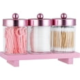 thumbnail image 7 of ABCISI 3 Pack Qtip Holder - Apothecary Jars with Lids, Bathroom Organizers and Wooden Waterproof Tray for Cotton Balls,Swabs,Floss Picks,Hair Ties,Pink Clear Vintage Bathroom Decor Jar Set (Pink), 7 of 7