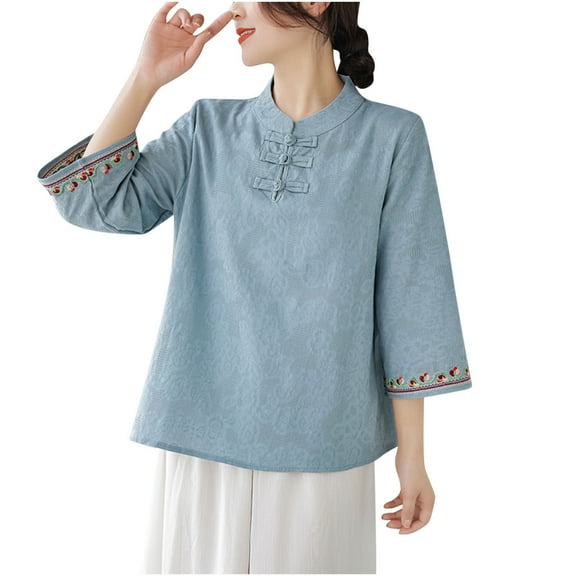 Womens Mandarin Collar Cotton Linen Blouse Retro Embroidery Chinese Buttons Tunic Tops Breathable Casual Summer Shirts