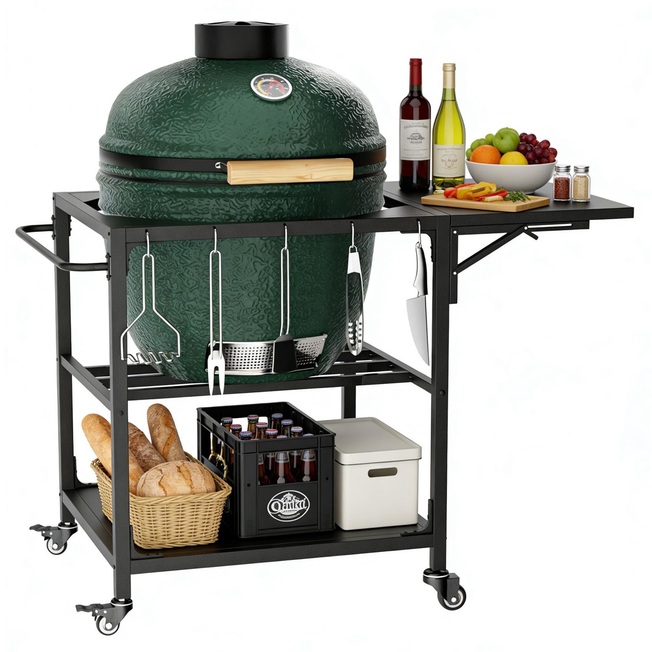 Noble House Heavy-Duty Rolling Grill Cart, Metal Outdoor Prep Table with Storage Shelf, Removable Central Cover, Black