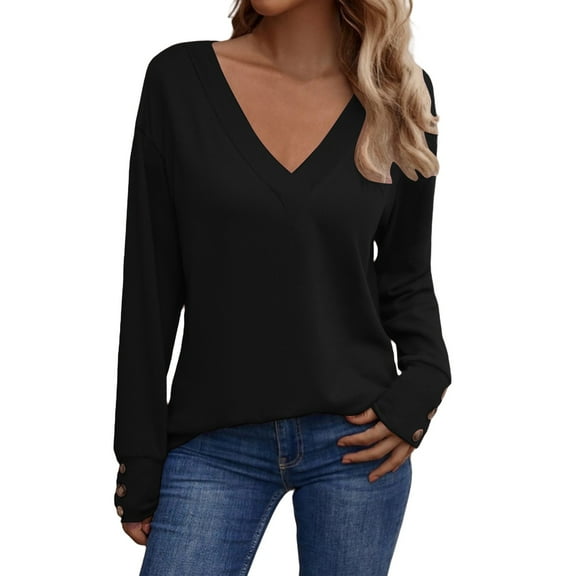 ManxiVoo Modern V Neck Button Down Shirt Long Sleeve Loose Fit Casual Top for Women Soft Everyday Comfortable Tunic Style Blouse L Size Black