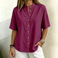 thumbnail image 2 of Zpanxa Womens Button Down Shirt Band Collar Short Sleeve Loose Fit Casual Solid Color Blouses for Summer, 2 of 9