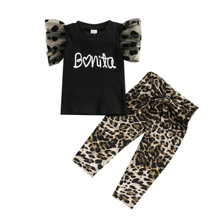

Musuos 2Pcs Kids Summer Tracksuit Girls Letters Print Ruffled-Sleeve T-Shirt + Leopard Print Casual Pants 6 Months to 4 Years