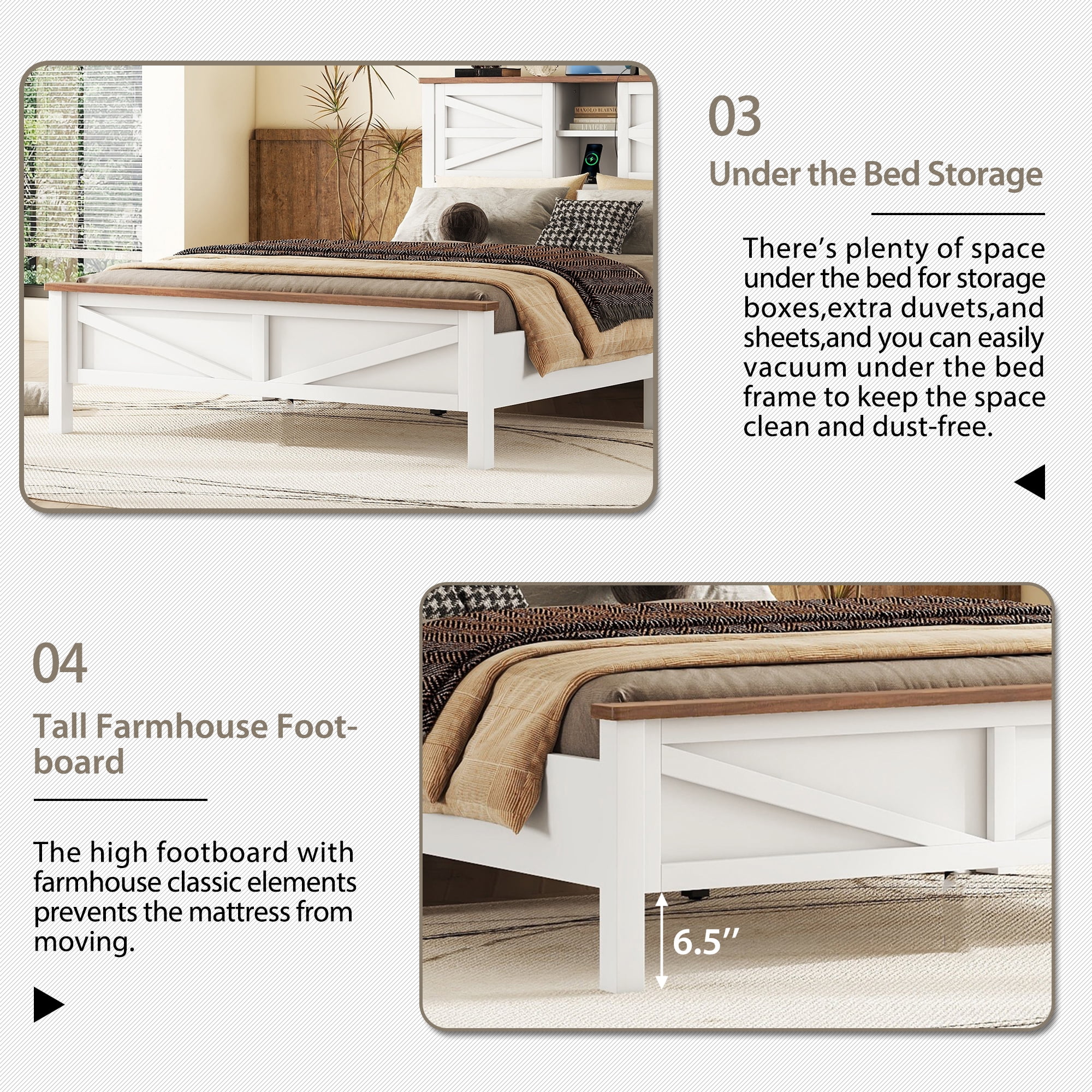 Mintazer Farmhouse 3-Piece Bedroom Set with Nightstand & 6-Drawer Dresser, Queen Platform Bed with Storage Headboard, White