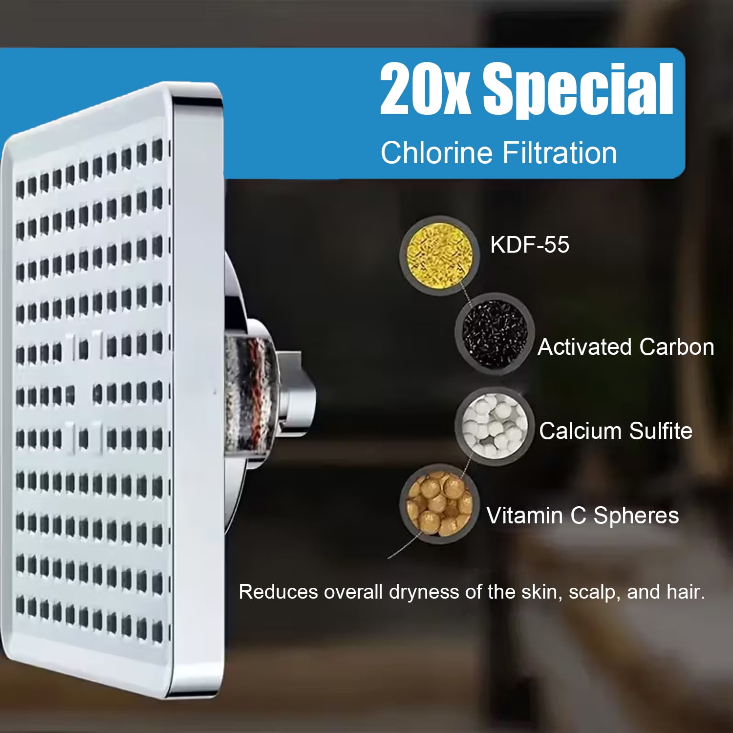BTideas High Pressure Filtered Shower Head,6'' 360° Rotatable Rain Shower Head with 20 Stage Filters