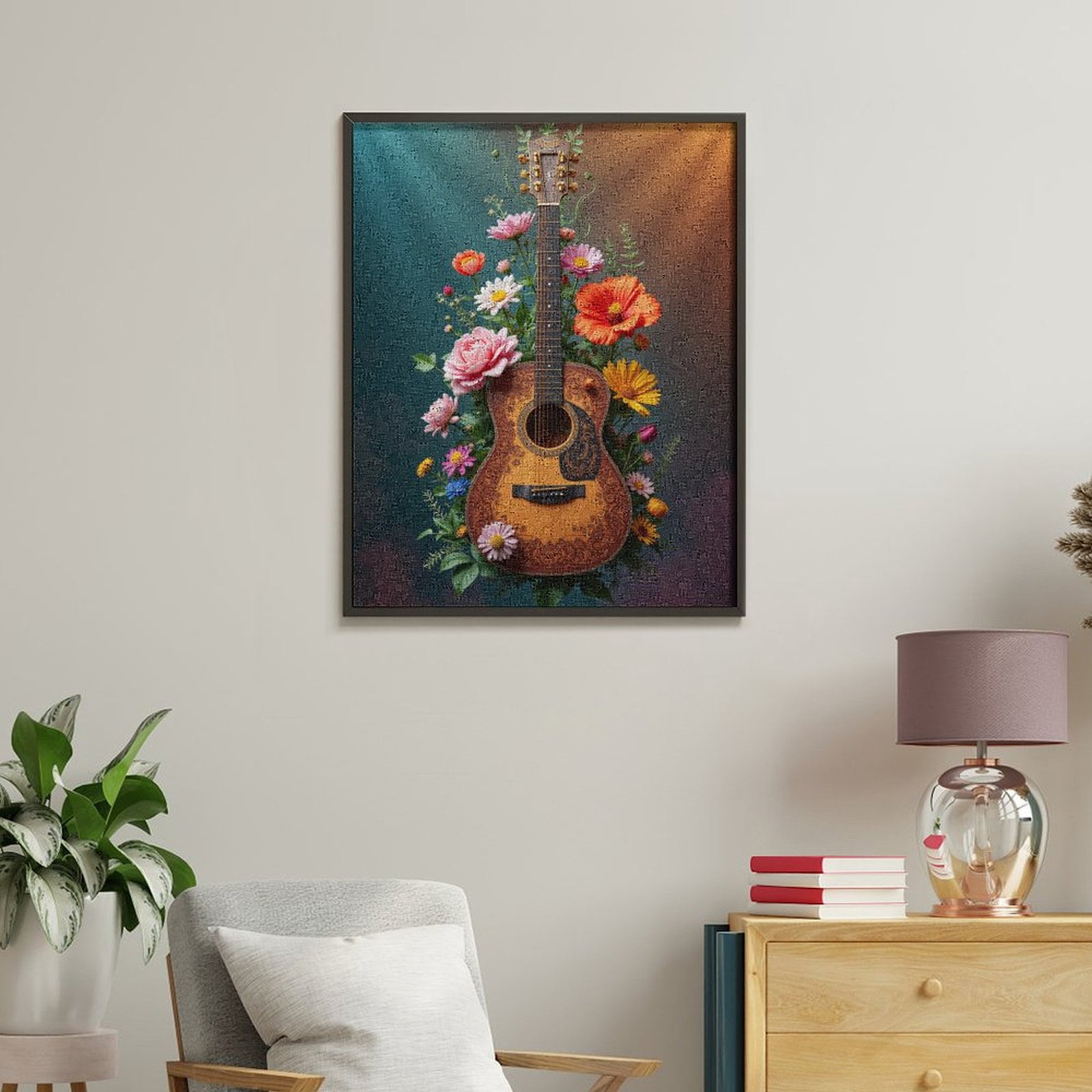 Paint By Numbers Kit for Adults Beginner - Guitar Floral Fusion Artistry DIY Canvas Painting Kits for Adults, Frameless Paint By Number for Adults for Home Wall Decor 16x20 Inch