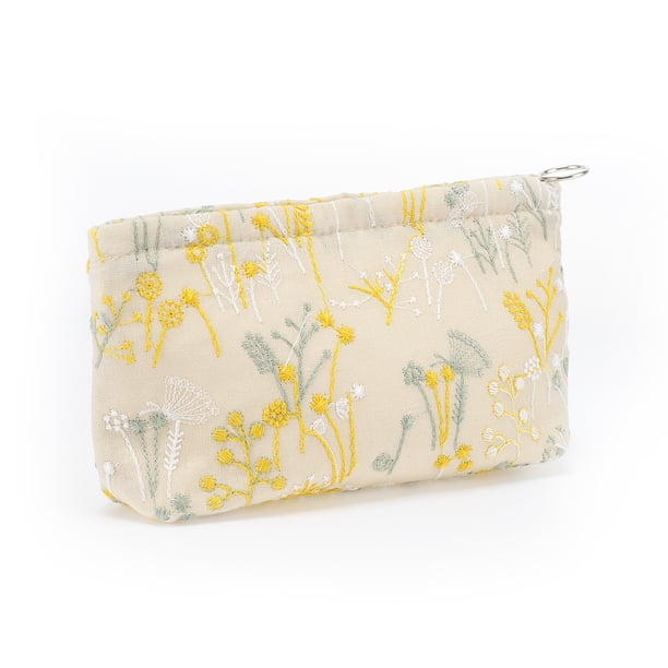 Bolsa de maquillaje portátil de bordado para mujeres Unique Bargains para actividades al aire libre, viaje, color beige y amarillo, algodón, tamaño S