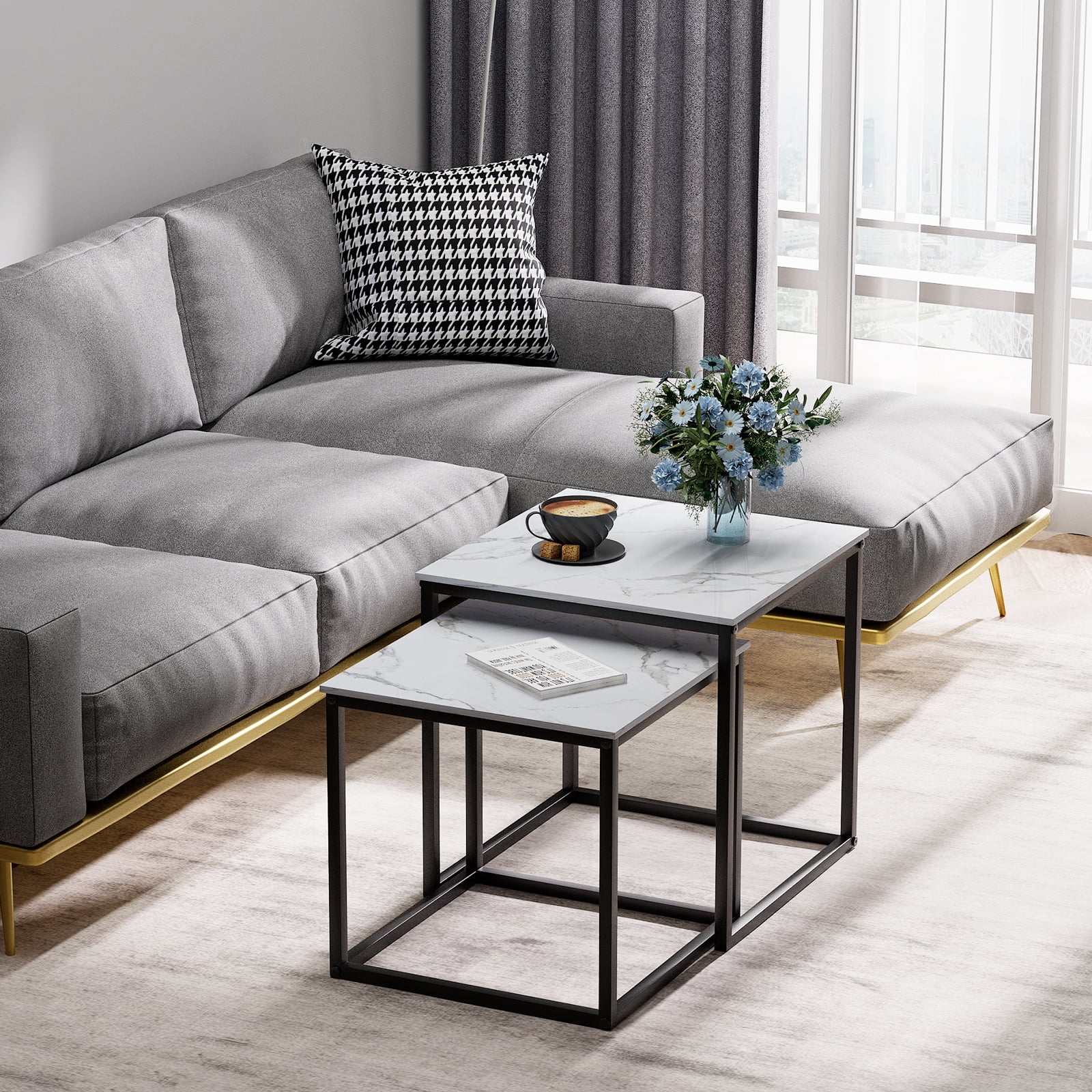 Coffee Table Set of 2, Modern Glass Nesting Table, Metal Frame Square Center Table Set, Side Tables, Nesting Coffee Table for Living Room, Bedroom and Small Spaces, 19.7in Black