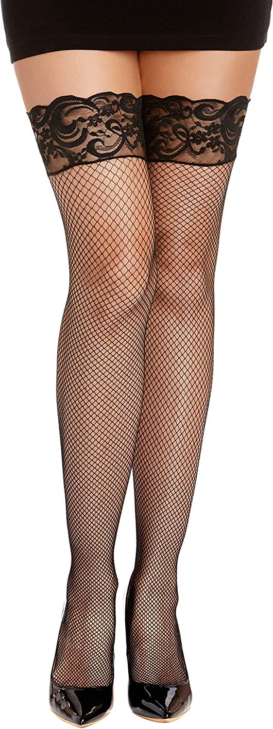 Dreamgirl Women's Sheer Thigh High Pantyhose, Hosiery, Nylons, Stockings  with Comfort Lace Top Anti-Slip Silicone Elastic Band, Black, One Size