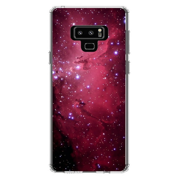 DistinctInk Clear Shockproof Hybrid Case for Samsung Galaxy Note 9 - TPU Bumper, Acrylic Back, Tempered Glass Screen Protector - Hot Pink Black Stars Nebula - Astronomy