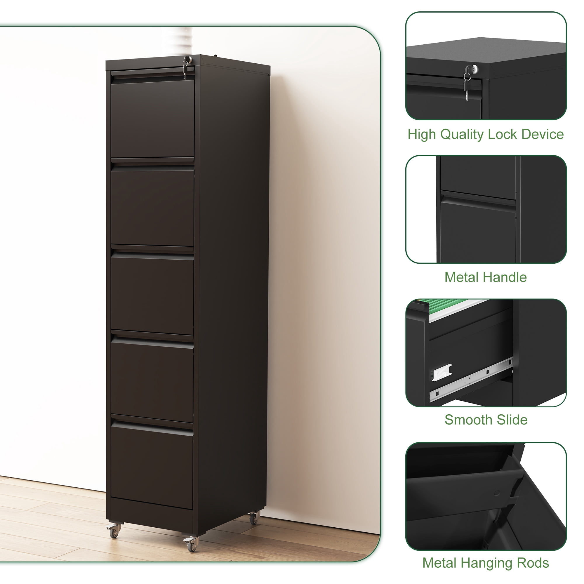 5 Drawer Metal Vertical File Cabinet with Lock on Wheels for Home Office,Heavy Duty Metal Storage Cabinet for A4/Letter/Legal Size Files, Black, 17.71"D*15.16"W*64.17"H