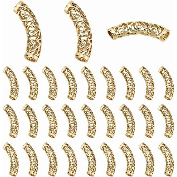 1 set 30PCS Curved Tube Beads Tibetan Tube Slide Beads Alloy Noodle Beads Tube Spacer Beads 32 mm Long Curved Loose Beads for Necklace Bracelet DIY Jewelry Making Hole: 4 mm Antique Gold