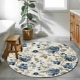 thumbnail image 4 of Navy Blue Floral 4ft Round Rug, Beige Vintage Farmhouse Botanical Leaves Non-Skid Rubber Backing Large Area Rugs - Living Room Bedroom Home Office, Indoor Floor Mat Carpets Washable Rug, 4 of 9