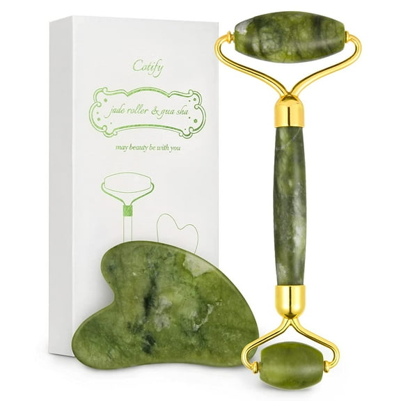 Jade Roller & Gua Sha Set, Face Roller, TIFOR Anti-Aging Facial Roller, Natural Green Jade Beauty Massager Tool, Skin Care Tool for Face, Neck, Eye to Reduce Wrinkles and Relax Body Muscles