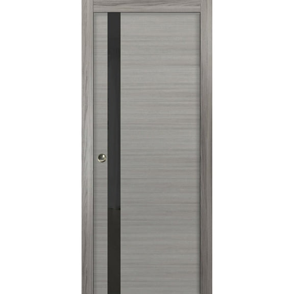 Sliding French Pocket Door 36 x 84 inches | Planum 0040 Grey Ash Black Glass | Kit Trims Rail Hardware | Solid Wood Interior Bedroom Sturdy Doors