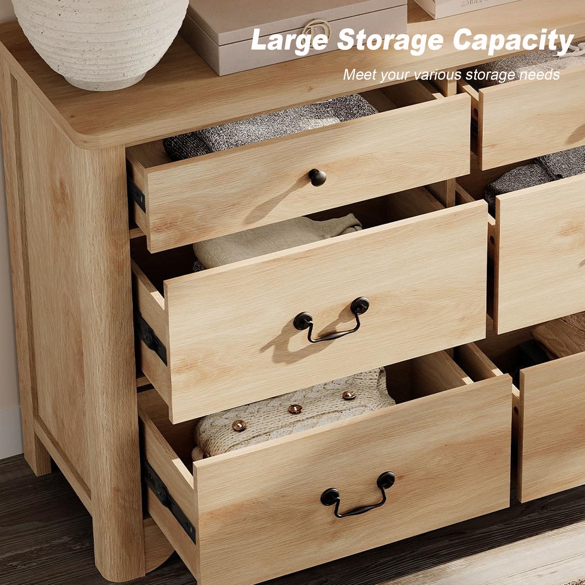 3PCS Farmhouse Dresser Set, 9-Drawer Dresser For Bedroom And Wood Nightstand Set Of 2 With Charging Station For Bedroom, Living Room, Hallway,Dining Room