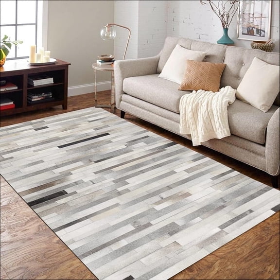 Handmade Patchwork Cowhide Modern Leather Area Rug Stripe Design - (3 x 5 FEET)