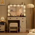 thumbnail image 2 of Linor 35.4" Makeup Vanity Desk with Mirror, Lights, and Chair, Farmhouse White Rustic Vanity Desk, Easily Assembled 3 Color Lighting Mode Makeup Vanity for Women, Glass Top, 2 of 7