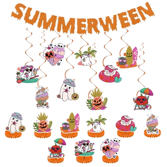 Summerween Decorations Set, Summer Halloween Party Banner with Hanging Swirls and Honeycomb Decor, Indoor Outdoor Beach Pool Birthday Party Supplies