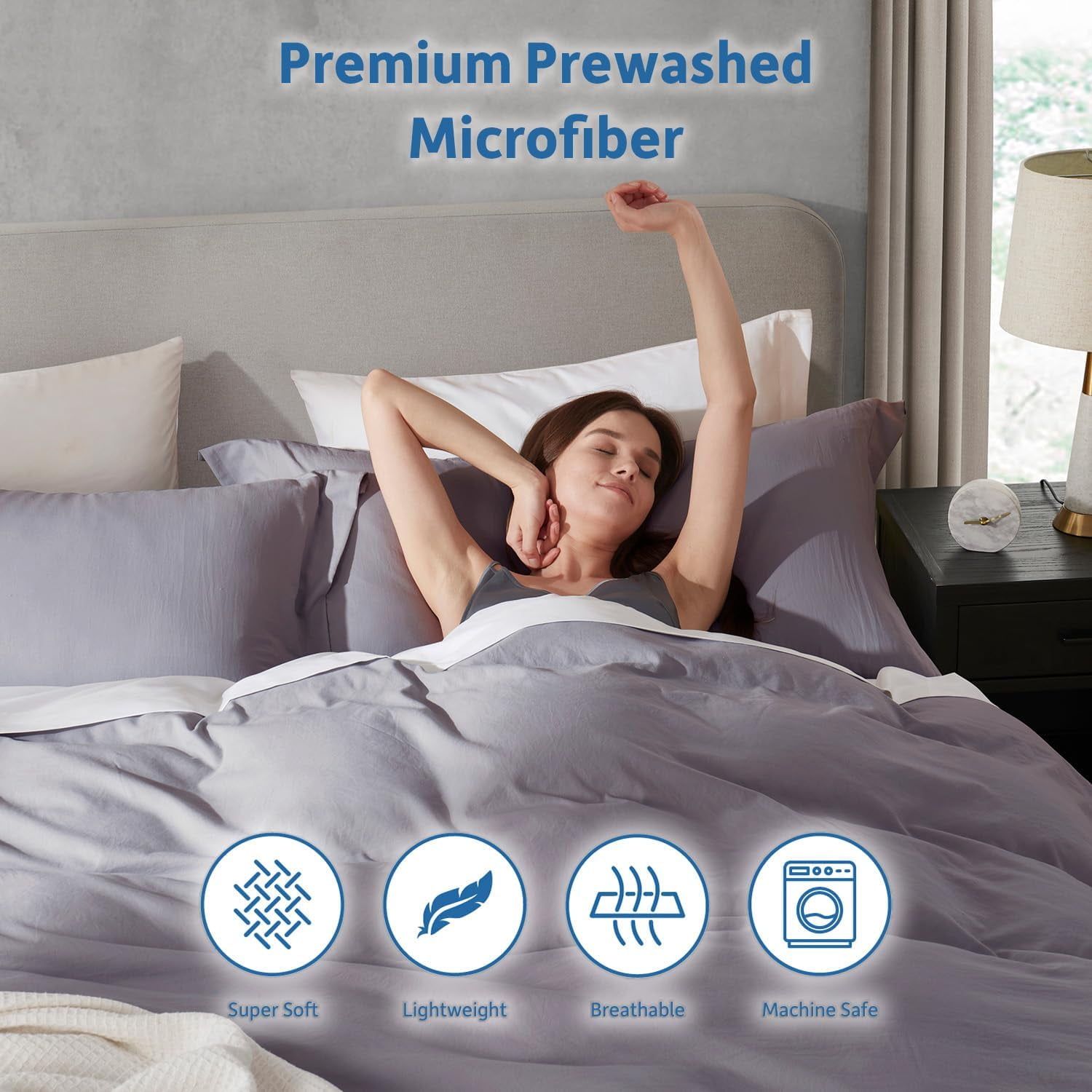 LammaLoe Duvet Cover Queen Size, Soft Prewashed 3-Piece Duvet Cover Bedding Set with Pillow Shams, Gray lavender