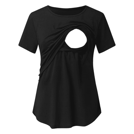 

Maternity Womens Nursing Blouse Round Neck Solid Color Tops Casual Short Sleeve Breastfeeding T-shirt