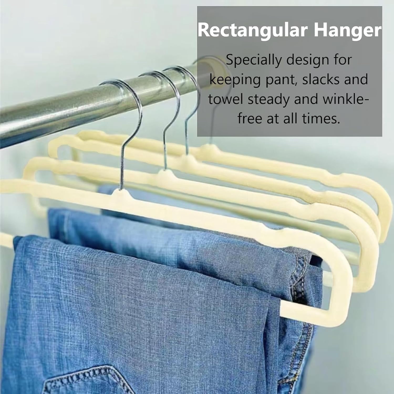 VelvetHangers, 20pcs Heavy Duty Flocked Pant Hanger with Non-SlipTrouserBar, 35cm(L) Adult Clothes Hangar with Swivel Hook, Slim Felt Perchas Terciopelo for Shorts, Dress, Scraf, Bar (Beige-Silver)