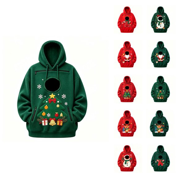 Christmas Pet Pouch Hoodie Men Women Long Sleeve Cute Graphic Loose Hooded Sweatshirt Pullover Tops Dog Cat Carrier Hoodie