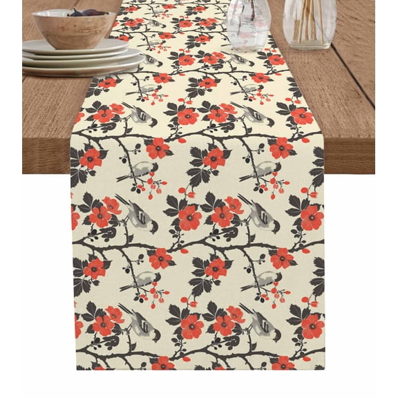 Ldtrchee Red Spring Floral Table Runner 90 Inches, Vintage Birds Summer Botanical Bed Runner Dresser Scarves Tabletop for Indoor Outdoor Parties/Ceremony/Banquet, 13" x 90"