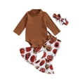 thumbnail image 1 of xiaxaixu Baby Girl Fall Outfits Solid Color Rib Knit Long Sleeve Rompers Pumpkin Print Flare Pants Headband 3Pcs Halloween Clothes Set, 1 of 9