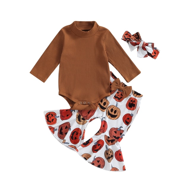 xiaxaixu Baby Girl Fall Outfits Solid Color Rib Knit Long Sleeve Rompers Pumpkin Print Flare Pants Headband 3Pcs Halloween Clothes Set