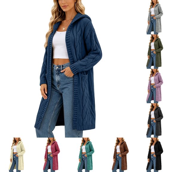 FAHUOMU Womens Plus Size Hooded Cardigan Open Front Cable Knit Long Sweaters With Pocket Oversized Lightweight Cardigans Outwear Coat