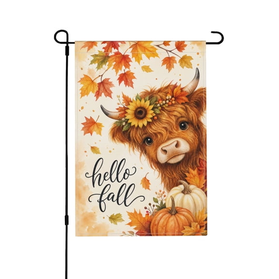 Garden Flag with Autumn Leaves and Highland Cow Design - 12x18 Inch