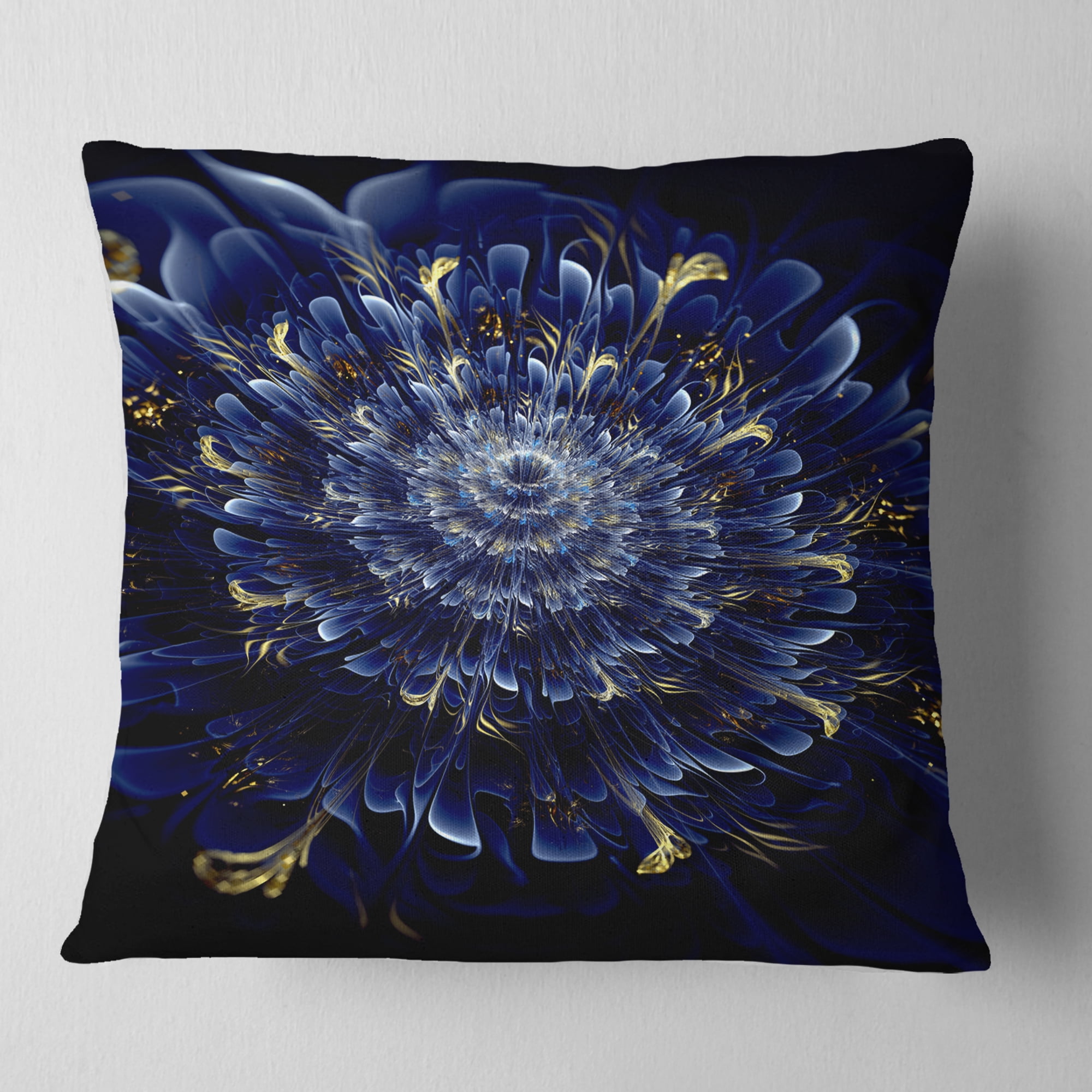 Designart Blue Fractal Flower - Floral Throw Pillow - 16x16