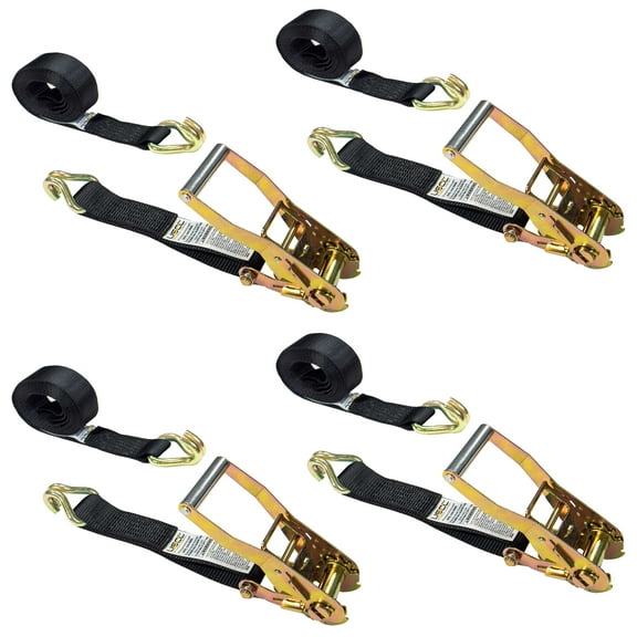 2" x 18' Black Ratchet Strap w/ Double J Hook - 4 Pack