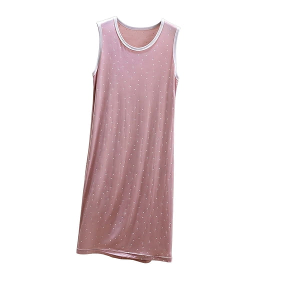 Sleepwear Dress for Women’s Sleeveless Nightgown Round Neck Polka Dot Soft Nightdress Loose Breathable Home Sleepshirt Loungewear Pinks L