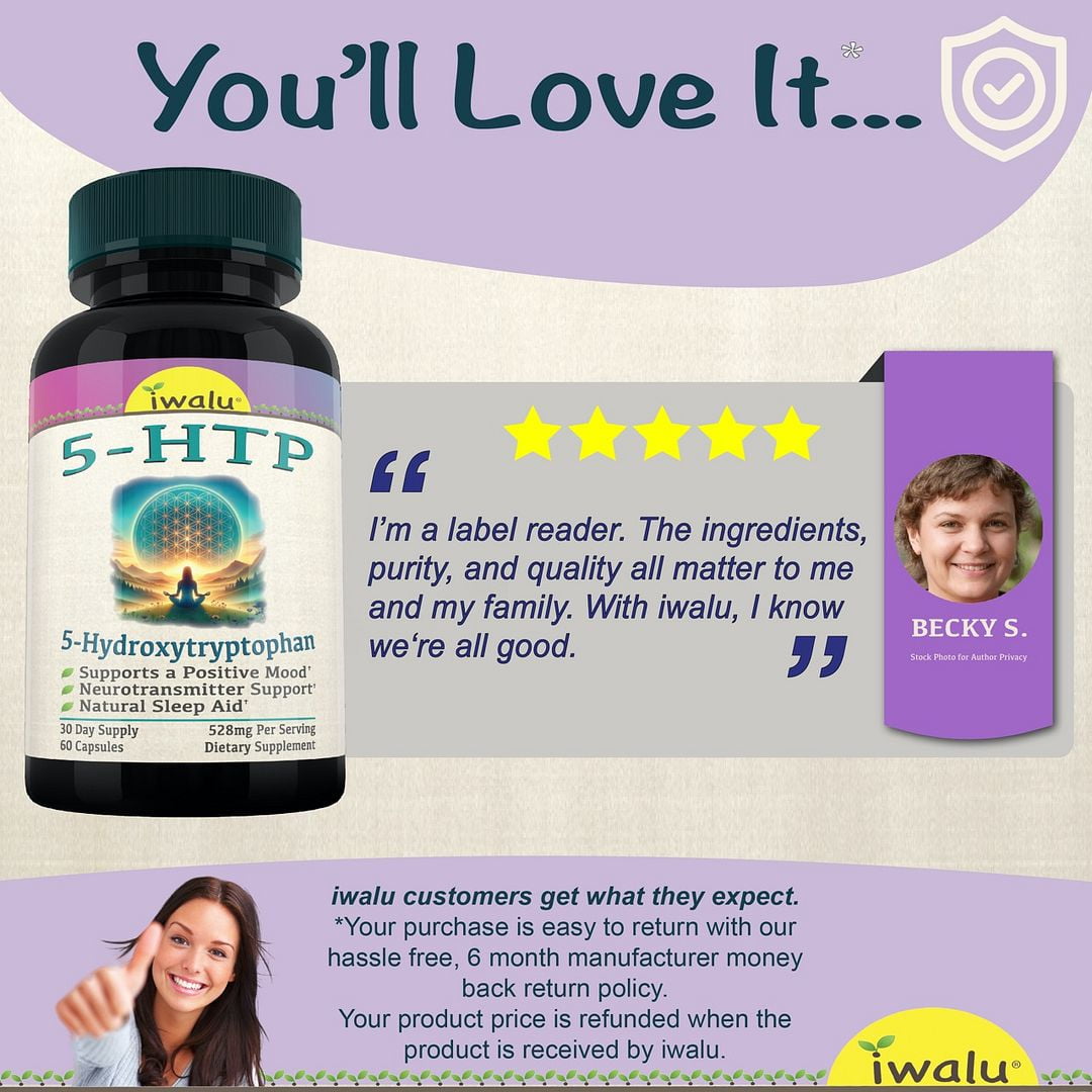iwalu 5-HTP Supplement | 5-Hydroxytryptophan - Supports Mood, Cognition & Sleep - Fast Acting - 60 Capsules | Non-GMO, NSF Certified and USA Made Dietary Supplement
