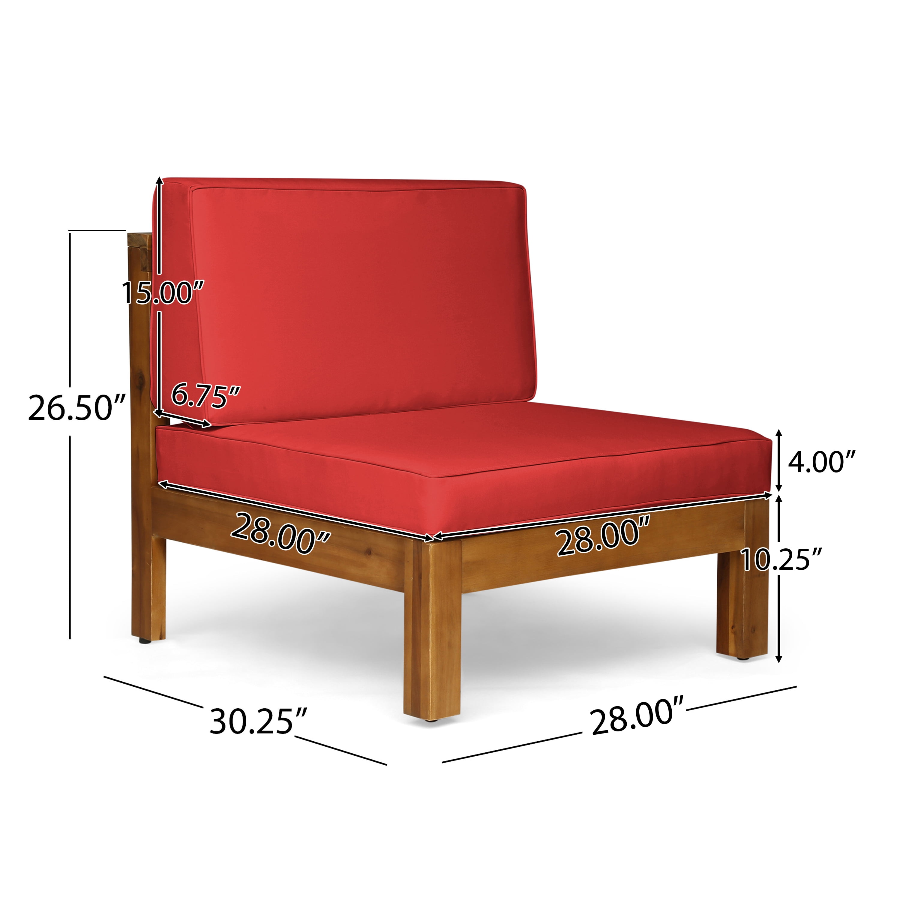 Graham Outdoor 9 Seater Acacia Wood Sectional Sofa Set, Teak Finish, Red