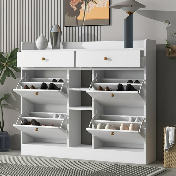 Euroco Freestanding Shoe Cabinet with 4 Flip Drawers, White, 103.5 lbs