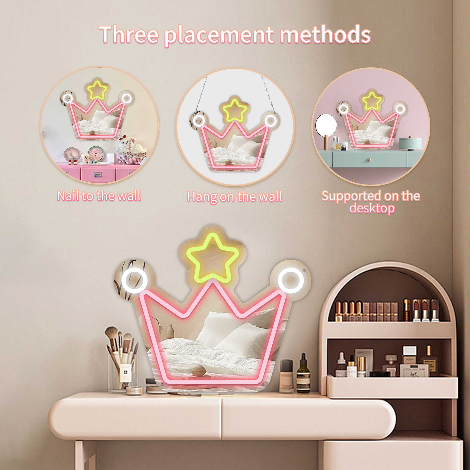 Anime Crown Mirror with Light Neon Signs for Wall Decor, Neon Mirror with Dimmable for Teen Girls Gift，Makeup Mirror Neon Signs Cute Acrylic Mirror for Girls Room