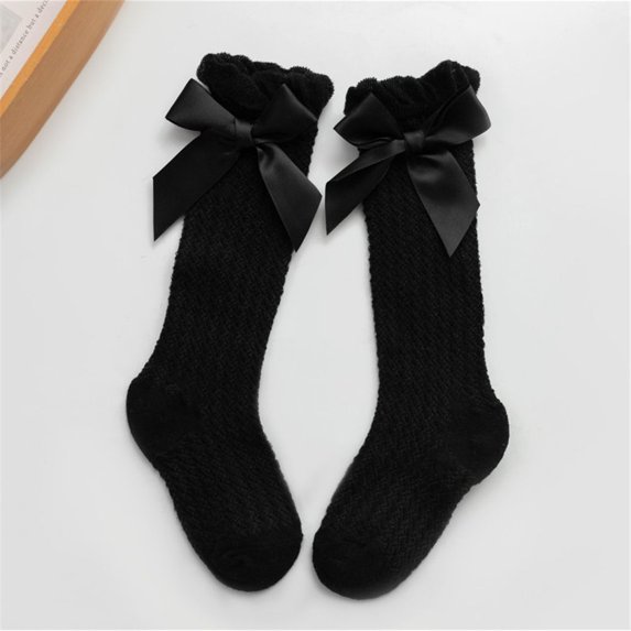 Baby Girl Bowknot Solid Color Cotton Soft Socks Long Stocking Royal Style Bow Knee High Fishnet Socks Knee Stockings BLACK