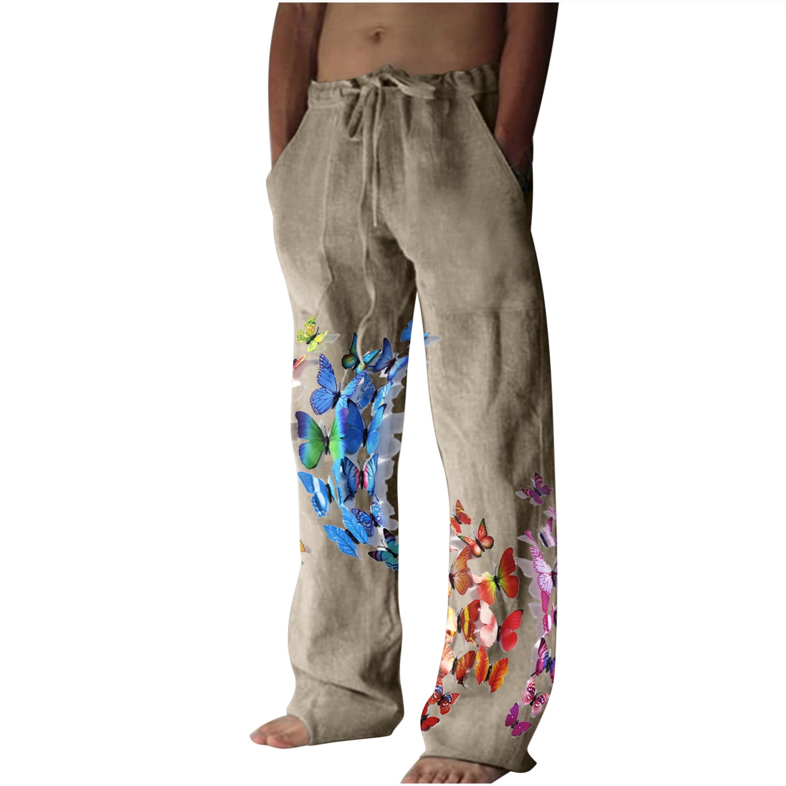 VEKDONE 2023 Men's Linen Pant Butterfly Printed Drawstring Waist Long